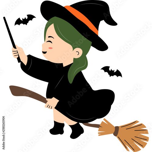 Cartoon Witch Flying on Broom Illustration