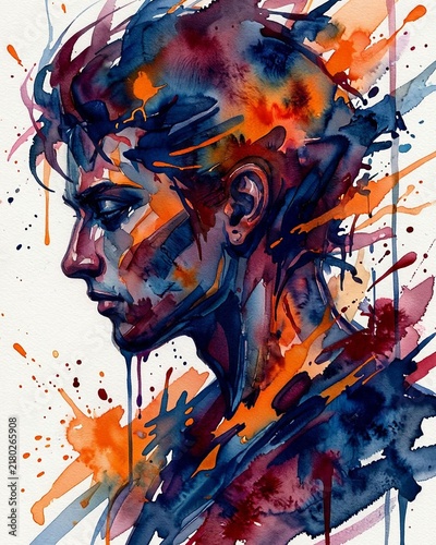 Watercolor portrait of a young man with vibrant colors and artistic expression