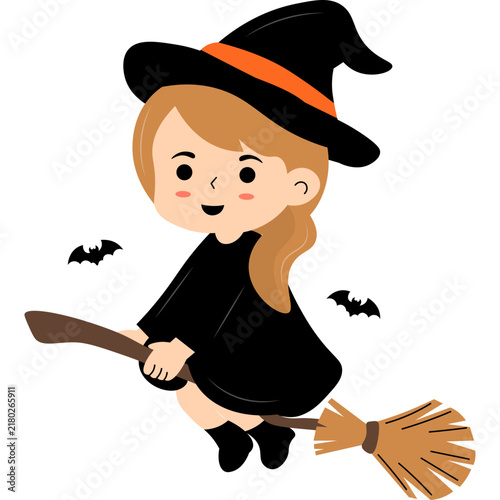 Cartoon Witch Flying on Broom Illustration