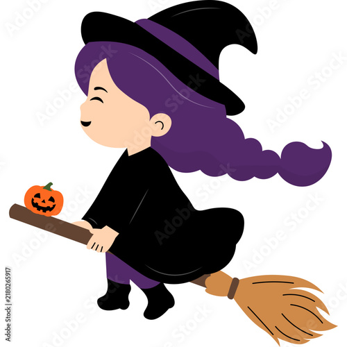 Cartoon Witch Flying on Broom Illustration
