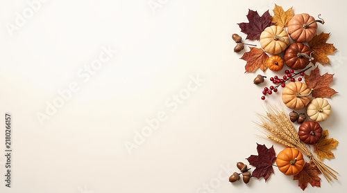 Autumn harvest border with pumpkins and colorful fall leaves for thanksgiving background