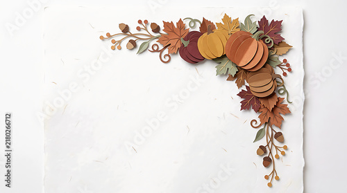 Decorative autumn corner border with maple leaves pumpkins and acorns for fall season