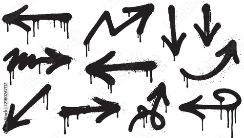 Graffiti spray paint arrows set with drips and splatters on a white background, for urban street