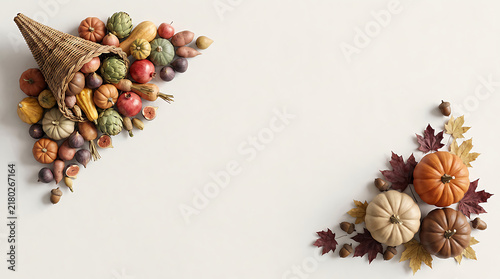 Thanksgiving cornucopia with pumpkins and colorful autumn leaves for seasonal decoration