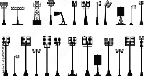 Comprehensive Collection of Stadium Light Silhouettes and Arena Floodlights Vector Icons. Featuring Sports Field Lighting Towers, Industrial Lamp Poles, and Urban Street Design Elements.