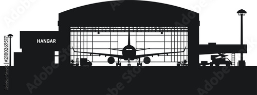 Airplane Hangar Silhouette Illustration featuring Aircraft inside Maintenance Facility with Ground Service Equipment and Airport Infrastructure Background for Aviation Design Projects