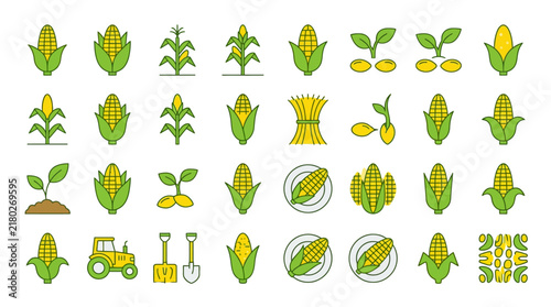 Corn icons collection displaying various maize products, ears of corn, seedlings, and farming tools.