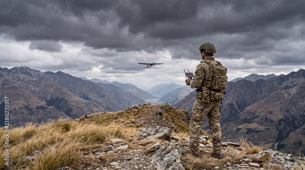 Obraz premium Military soldier in camouflage uniform operating unmanned surveillance drone with remote controller on mountain ridge under dramatic overcast sky.