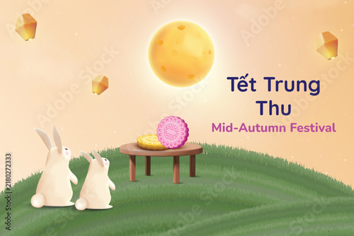 3D Cute Jade Rabbits With Delicious Mooncake, Lanterns and Moon On Park Background. Tết Trung Thu Festival Banner Vector Illustration for Greetings, E-commerce Sale, Etc.