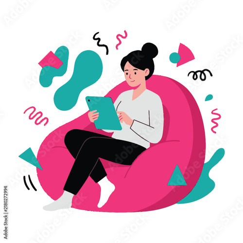 Woman sitting on pink bean bag chair reading tablet with colorful confetti around her