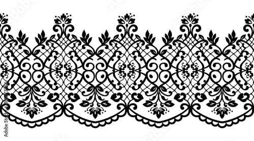 Ornate black lace trim with delicate floral and scroll patterns on a crisp white backdrop, representing classic elegance and vintage style for wedding invitations, fashion design, and decorative