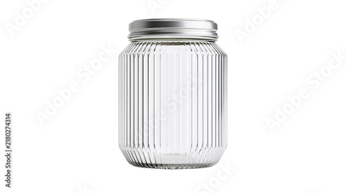 Clear ribbed glass mason jar with silver metal lid, isolated on transparent background