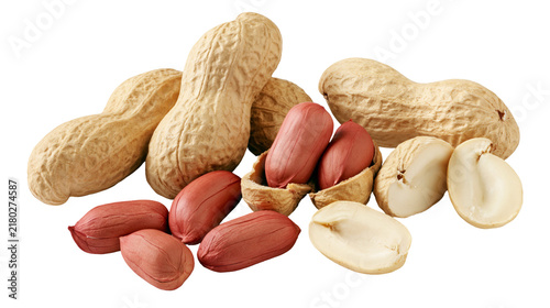 Whole peanuts in shells and shelled peanuts, isolated on transparent background