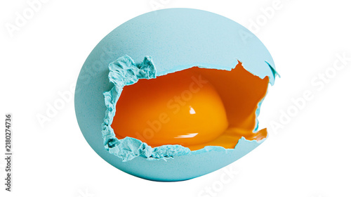 Canvastavla Cracked blue eggshell revealing bright orange yolk, isolated on transparent back
