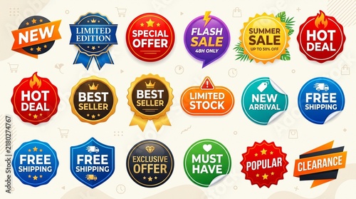 A set of vibrant e-commerce promotional badges and sale labels.