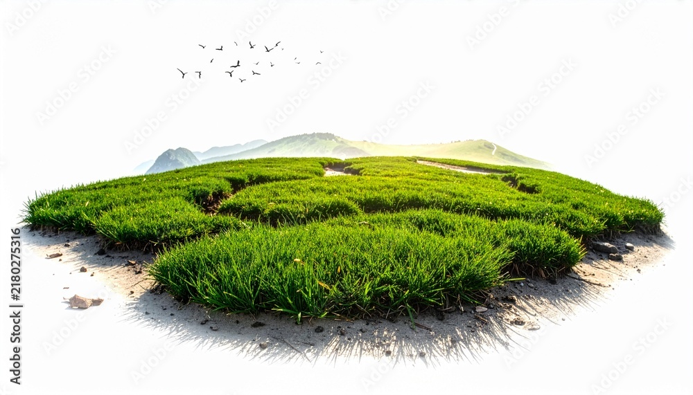 Obraz premium patch of green grass with exposed soil edges sits before distant mountains as birds fly overhead.
