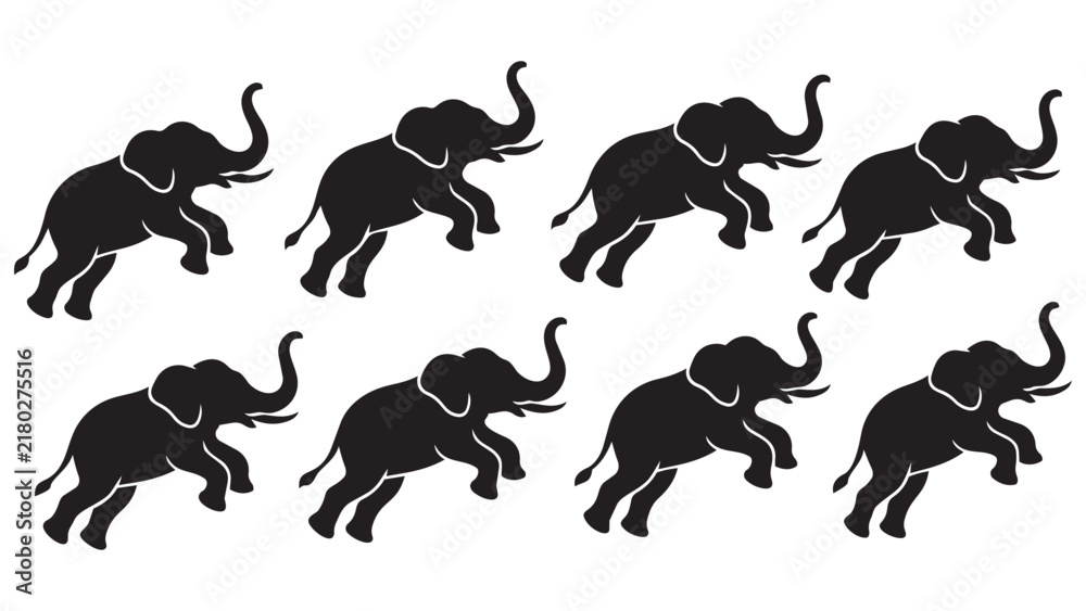 Obraz premium Black silhouette elephants running in a line