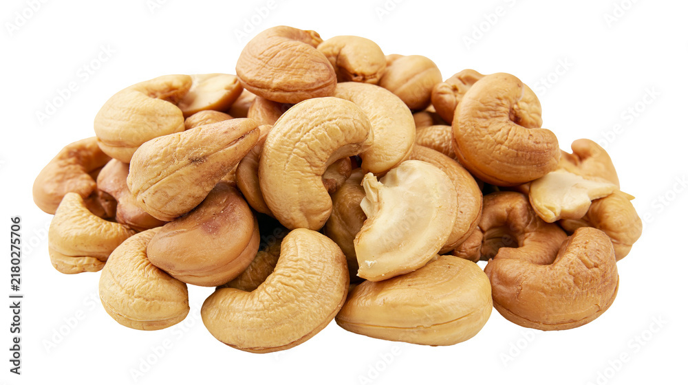 Fototapeta premium Heap of raw cashew nuts curved shape light brown color, isolated on transparent background