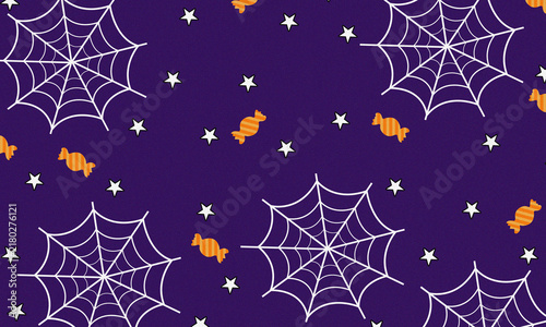 Seamless halloween pattern with spider webs, candy, and stars