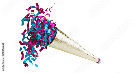 Foto Golden party popper exploding with pink and teal confetti, isolated on transpare