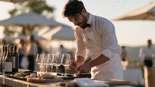 A festival sommelier carefully weighing grape samples before a tasting demonstration at golden hour, a tray of fresh tasting materials arranged neatly on a rustic outdoor table,