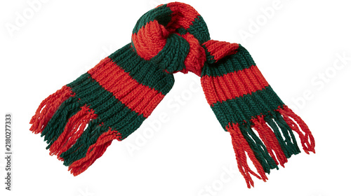 Cuadro en lienzo Knitted red and green striped scarf with fringe, isolated on transparent backgro