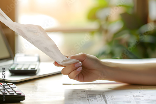 Close-up of hands reviewing a bill/receipt, with a calculator and documents on a desk, suggesting financial management or budgeting in warm light.