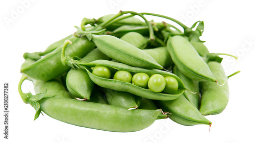 Quadro su tela Pile of fresh green pea pods with visible peas inside, isolated on transparent b