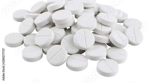 Konstfotografi Pile of round white scored tablets, isolated on transparent background