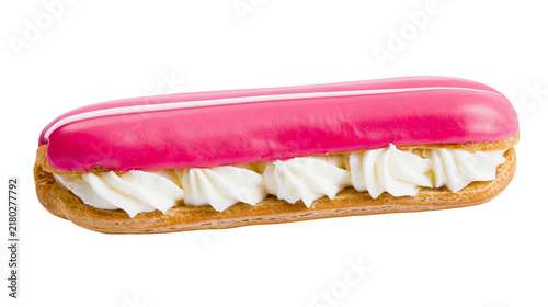 Obraz na płótnie Pink glazed eclair filled with white cream, isolated on transparent background
