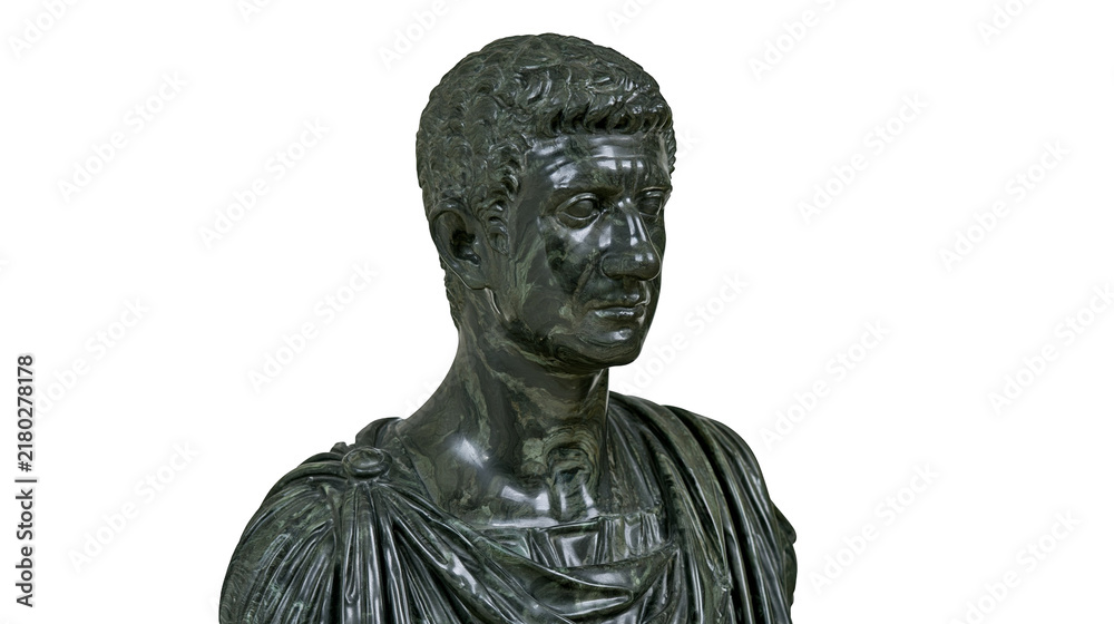 Fototapeta premium Dark bronze Roman emperor bust with detailed toga, isolated on transparent background