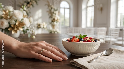 Close up of a woman's hand wearing a gold ring on a dark wooden table next to a bowl of fresh berries, strawberries, and blueberries in a bright, elegant wedding venue interior.