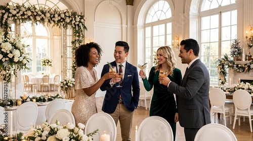 Diverse group of multi-ethnic friends in formal attire celebrating at luxury holiday party or wedding reception in elegant ballroom with white flowers and cocktail drinks.