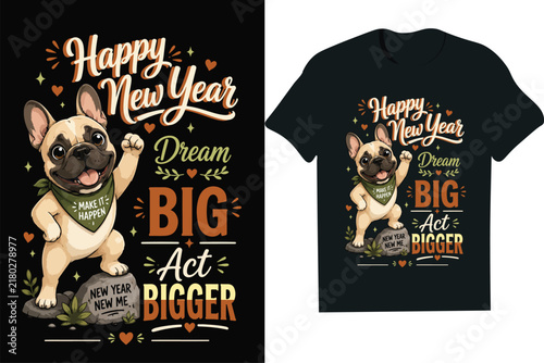 Happy New Year French Bulldog T-Shirt Design with Motivational Typography-mug,hoodie,t shirt,typography,quoutes,qoute,poster,post,card