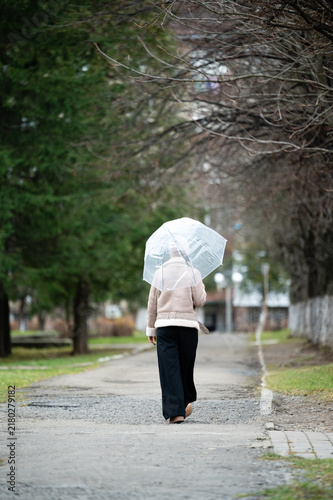 Obraz na plátně Walking under a transparent umbrella through a tranquil park on a rainy day, sur