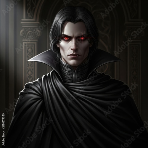 Mysterious dark character with glowing red eyes