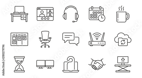 Remote Work and Virtual Office Line Icons Set for Freelance and Home Workspace UI