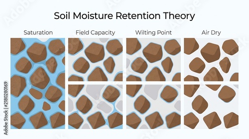 Soil moisture retention theory diagram showing water states at saturation field capacity wilting point and air dry conditions