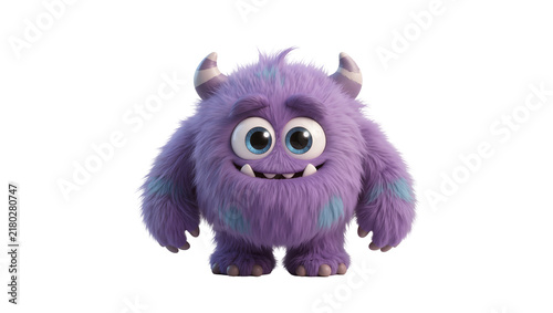 Foto Fluffy purple monster with blue spots horns and big eyes, isolated on transparen