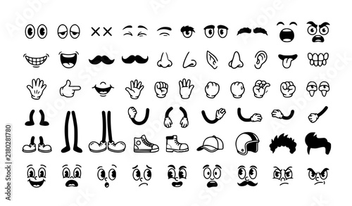 Old School Cartoon Mascot Parts and Expressions Vector Collection with Retro Face Limbs and Character Creator Clipart