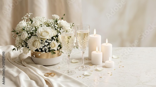 Elegant wedding table arrangement with white roses, crystal champagne glasses, gold rings, and lit candles on marble surface with draped silk fabric and confetti.