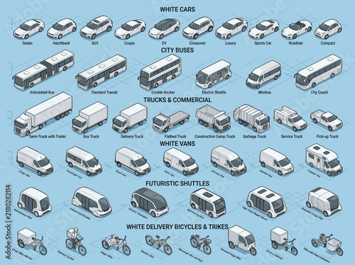 Isometric Urban Transportation Vehicle Mega Set with City Cars Buses Commercial Trucks Vans Public Shuttles and Delivery Mobility