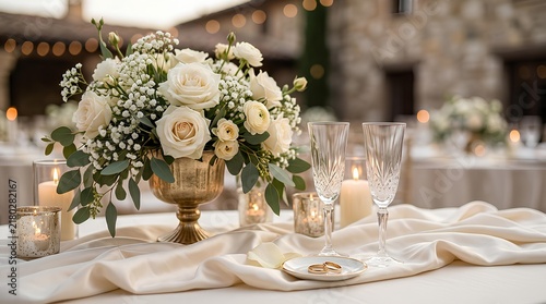Elegant wedding table setting with white roses and ranunculus in a gold vase, crystal champagne flutes, gold rings on a plate, and candles at an outdoor evening reception.