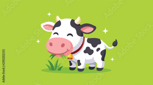 Cute cartoon cow grazing on green grass illustration.