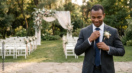 Handsome African American groom in a grey suit adjusting his navy blue tie at an outdoor wedding venue with a floral arch and white ceremony chairs in a lush green garden setting.