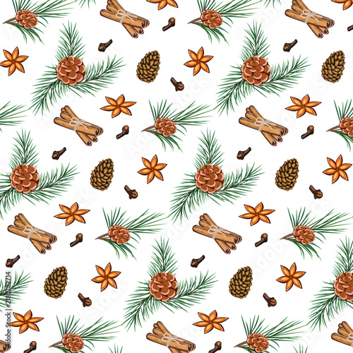 Spices and fir tree branches with pine cones.Vector seamless pattern with spices and pine cones on pine branches.
