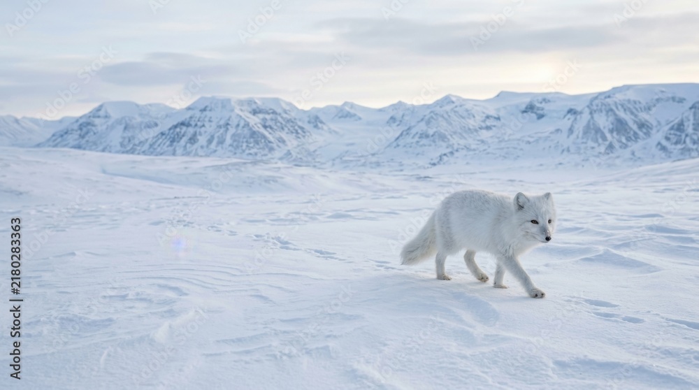 Fototapeta premium Arctic Fox Wandering Through a Snowy Arctic Landscape.