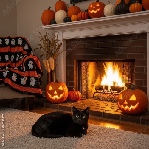 Cozy fireplace with carved jack-o'-lantern and black cat