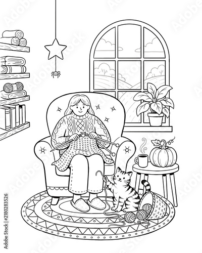 Cozy woman knitting in an armchair with a cat nearby in a warm room coloring page coffee cup line art black and white knitting armchair interior flowerpot