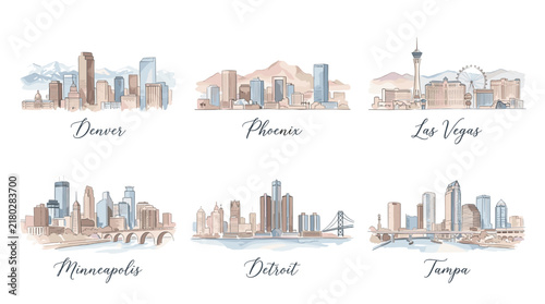 Pastel United States City Skyline Illustration Set with Denver Phoenix Las Vegas Minneapolis Detroit and Tampa Urban Travel Landmarks on White Background